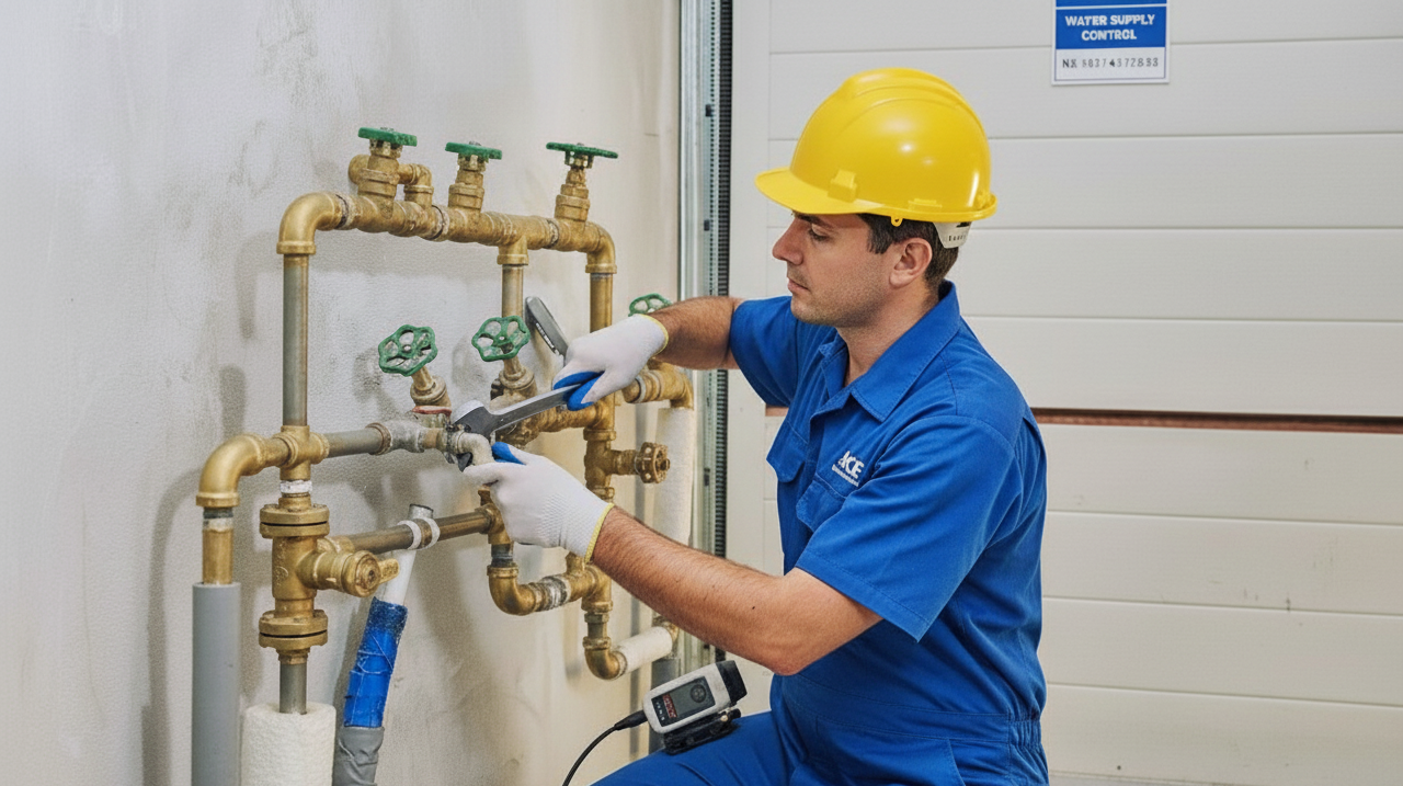 Person in blue uniform and yellow hard hat working on plumbing fixtures.