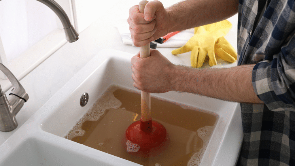 Person using a plunger in a sink with brown water