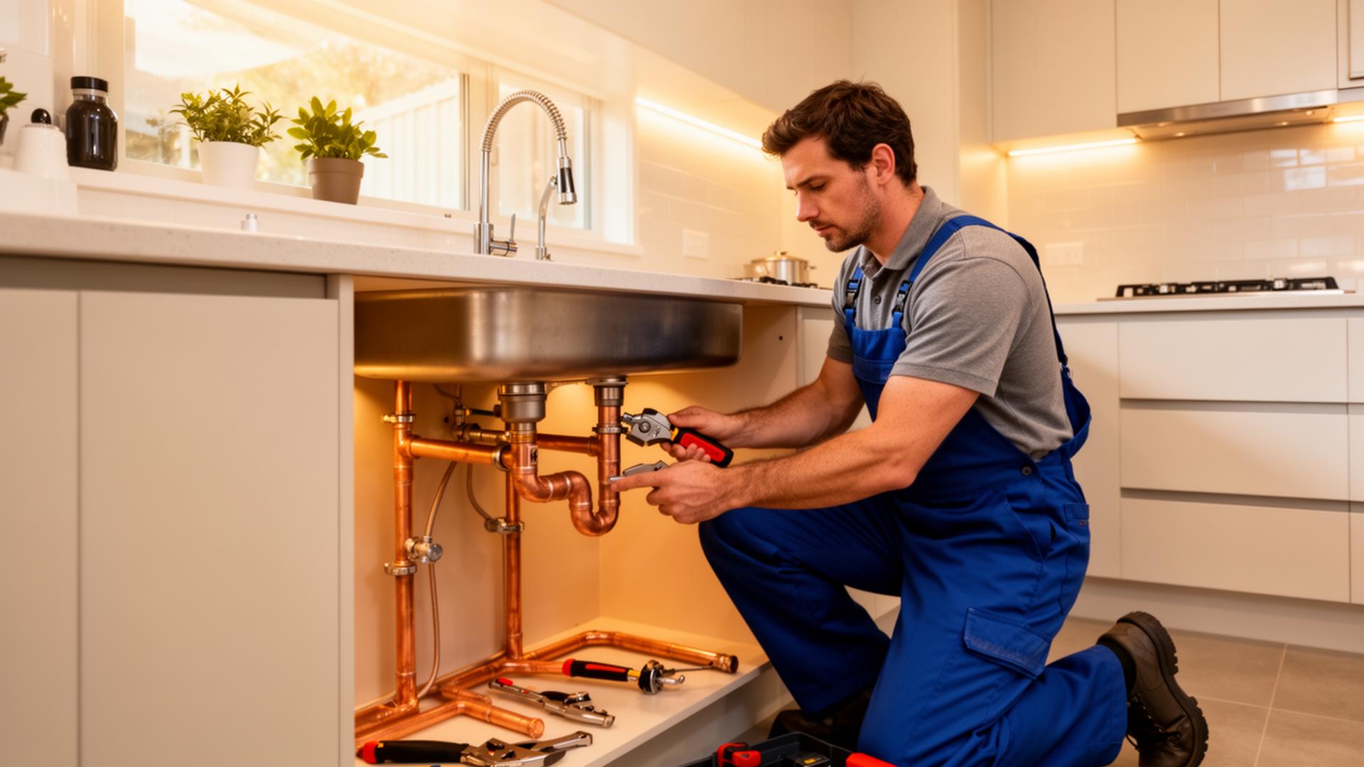 Plumber working on a kitchen sink with tools in a well-lit kitchen.