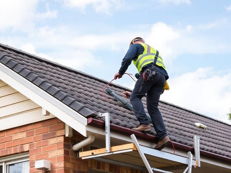 Person on a roof using tools, wearing a high-visibility vest.