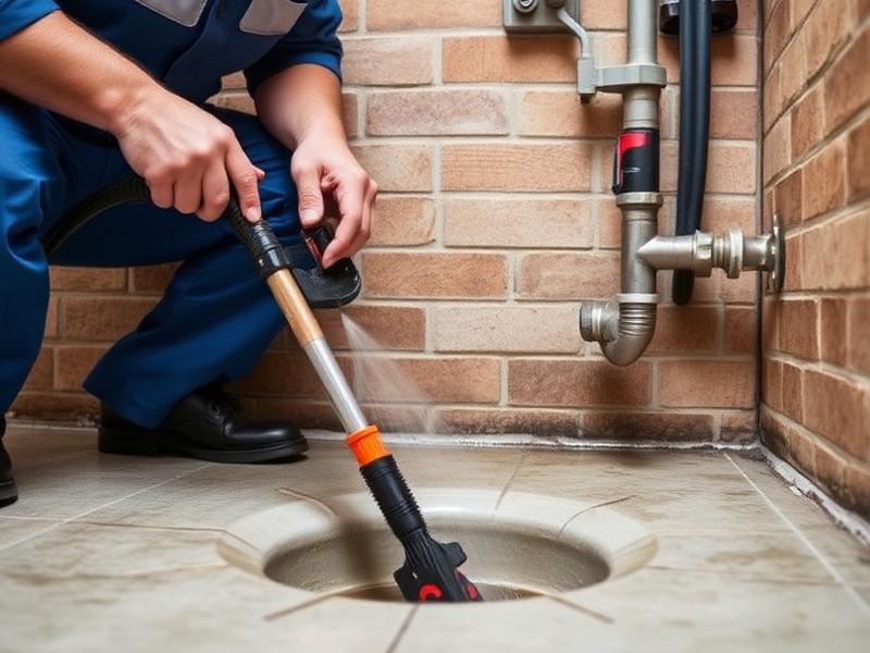 Person using a drain cleaning tool in a bathroom with tiled walls and floor.