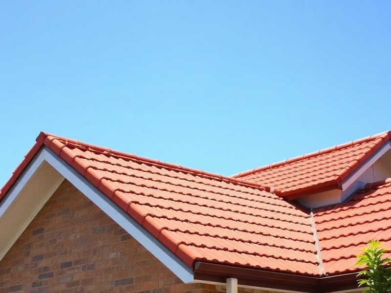 Red tiled roof with a clear blue sky