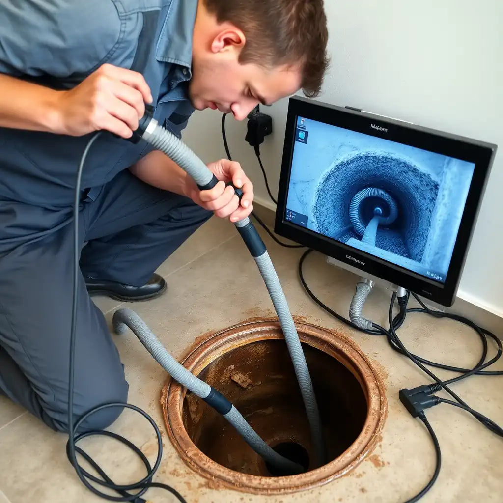 Person using a video inspection tool to check a drain with a monitor displaying an image of the drain's interior.