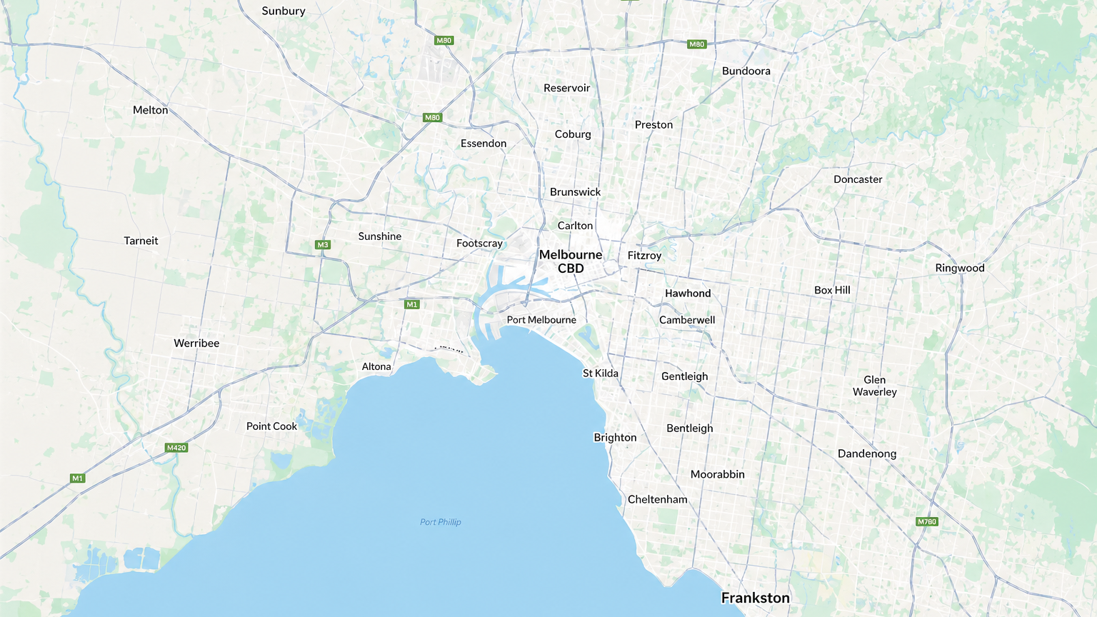 Map of Melbourne with surrounding areas, showing major roads and cities.